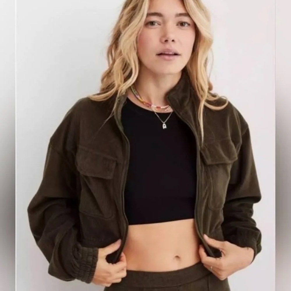 Aerie Corduroy Cropped Dark Green Bomber Jacket